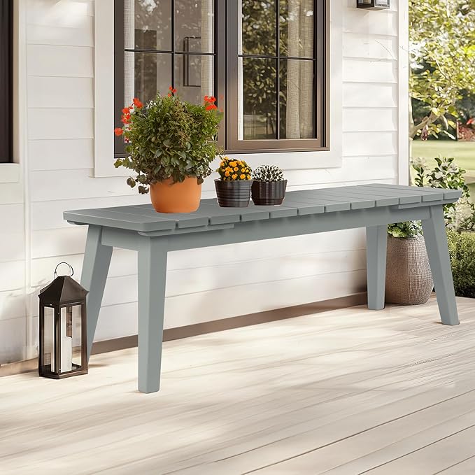 VINGLI Outdoor Wooden Bench, 45” 2-Person Backless Dining Bench, Weatherproof Outdoor Patio Bench for Porch Entryway Garden (1, Gray)