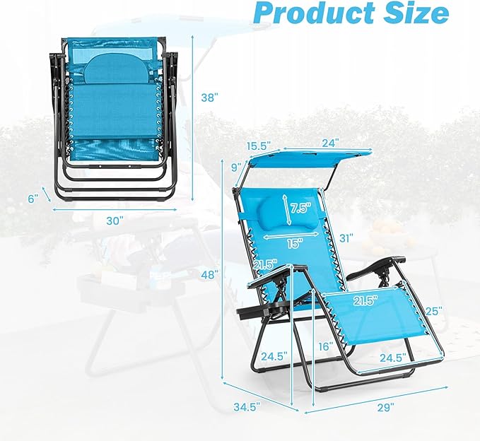 Goplus Zero Gravity Chairs, X-Large Folding Lounge Lawn Chair w/Canopy Shade & Cup Holder - Photo 3
