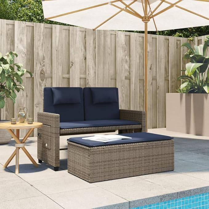 Reclining Patio Bench with Cushions Gray Poly Rattan Garden Bench Outdoor Bench Porch Bench Deck Bench for patios - Photo 2