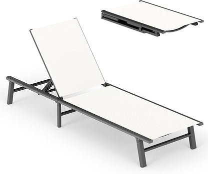 Ciokea Foldable Outdoor Lounge Chair, No Assembly Patio Chaise Lounge Outdoor with 5-Positions, Aluminum Pool Lounge Chair with Portable Design for Pool, Beach, Deck, Backyard, White
