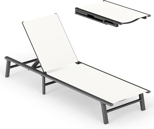 Ciokea Foldable Outdoor Lounge Chair, No Assembly Patio Chaise Lounge Outdoor with 5-Positions, Aluminum Pool Lounge Chair with Portable Design for Pool, Beach, Deck, Backyard, White