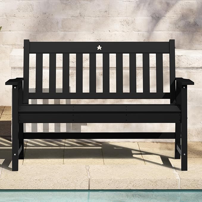 Outdoor Bench,2-Person Garden Bench,HDPE Outdoor Benches Weatherproof,Porch Bench with Backrest and Armrests for Patio,Backyard, Porch and Park,Coffee,810 Lbs Max Load Black
