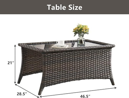 Belord Patio Coffee Table Outdoor Rectangular Glass Table, Handwoven Rattan Patio Furniture Brown Wicker Coffee Table Compatible with Patio Chairs and Sofa Sets for Backyard Sunroom Outside Lawn