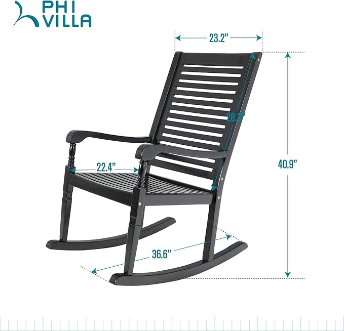 PHI VILLA Outdoor Rocking Chairs Set of 2, Acacia Wood Rocker Chairs for Patio, Deck, Balcony or Porch, 30° Safe Recline Support 350lbs - Black