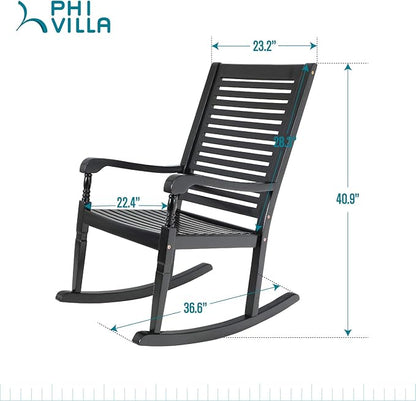 PHI VILLA Outdoor Rocking Chairs Set of 2, Acacia Wood Rocker Chairs for Patio, Deck, Balcony or Porch, 30° Safe Recline Support 350lbs - Black
