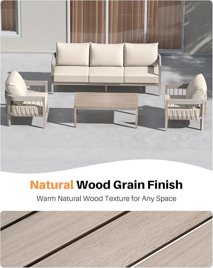4-Piece Patio Furniture Set, Never-Rust Aluminum Patio Conversation Set, Outdoor Sofa Set with Faux Wood Grain Finish - Photo 7