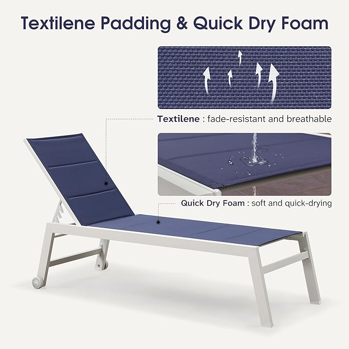 PURPLE LEAF Outdoor Chaise Lounge Set Adjustable Sunbathing Recliner with Side Table for Beach Poolside Patio Outside Aluminum Chaise Lounger Navy Blue
