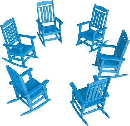 FOOWIN Outdoor Rocking Chair Set of 6, High Back Patio Rocking Chair, HDPE All Weather Resistant Porch Rocker for Adult, Oversized Rocking Chairs for Garden, Lawn, Indoor & Outdoor Use, Pacific Blue