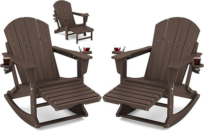 KINGYES Adirondack Rocking Chair Set of 2 with Retractable Ottoman and Cup Holders, HDPE Adirondack Rocker Patio Rocking Chair for Porch, Patio, Balcony, Coffee Brown