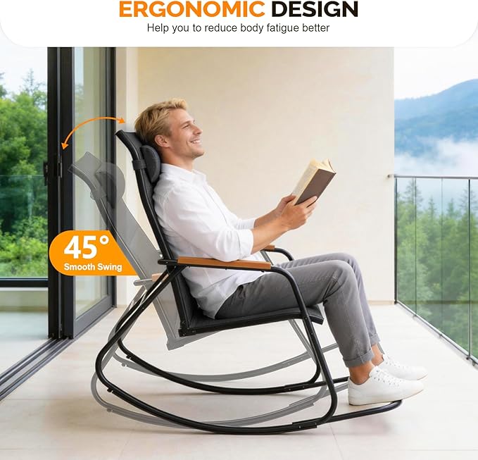VINGLI Outdoor Rocking Chair, 450lbs Capacity Portable Outdoor Rocker with Footrest, Hard Armrests, Pillow, All Weather Porch Rocker for Garden, Living Room, Patio, Lawn (Black, with footrest)