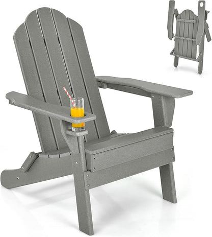 Giantex Adirondack Chair Outdoor Folding Chairs, HDPE Weather Resistant Patio Chair with Built-in Cup Holder Lawn Chair for Patio, Backyard, Balcony, Deck Outside Plastic Fire Pit Chair(1, Grey)
