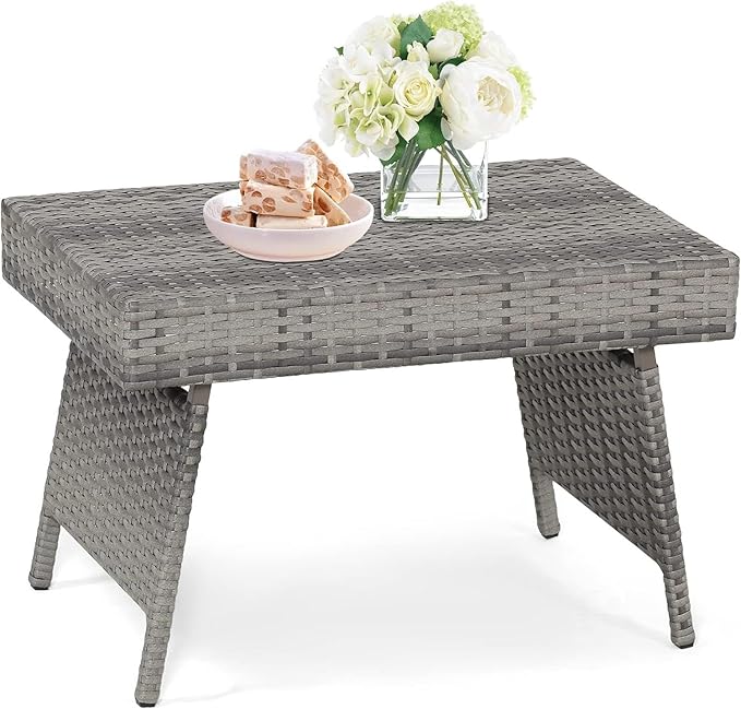 ReunionG Outdoor Patio Wicker Table, Portable Folding Table with Rattan and Steel Frame, Leisure Coffee Table, All Weather Standing Side Table for Lawn Garden, Courtyard, Poolside (Grey)