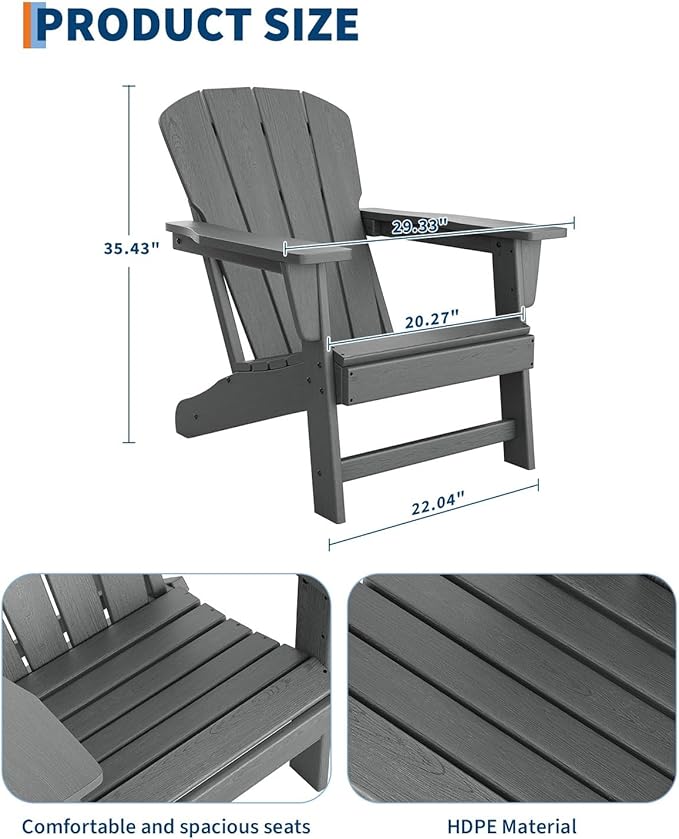Modern HDPE Plastic Adirondack Chair - Oversize 380 LB Poly Lumber Weather Resistant Firepit Chair - Outdoor Patio - Photo 2
