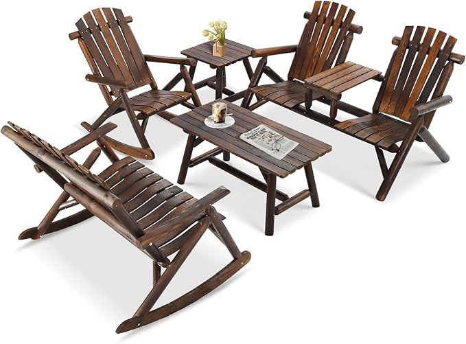 5-Piece Outdoor Wood Log Rocking Conversation Set, Patio Adirondack Furniture Set Including 2-Seater Loveseat, Garden Bench & Built-in Table, 2 Coffee Table, Log Rocker Chair, Carbonized