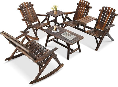5-Piece Outdoor Wood Log Rocking Conversation Set, Patio Adirondack Furniture Set Including 2-Seater Loveseat, Garden Bench & Built-in Table, 2 Coffee Table, Log Rocker Chair, Carbonized