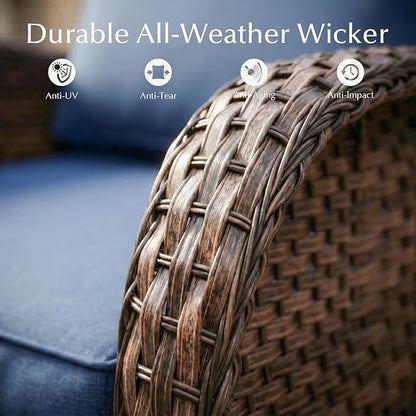 Belord 3 Piece Wicker Patio Furniture Set - Outdoor Swivel Rocker Recliner Chair with Adjustable Backrest & Footrest, All Weather Reclining Lounge Chair with Thick Cushion for Pool Deck Garden Blue