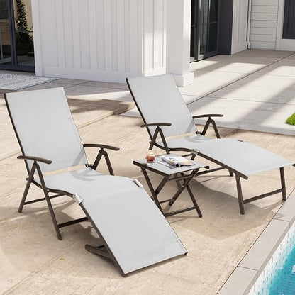 Crestlive Products 2PCS Chaise Lounge Chair Outdoor with 1PC Side Table, Aluminum Folding Patio Recliner Chair, Adjustable 8 Positions Assemble-Free
