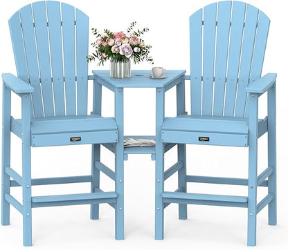 VINGLI Tall Adirondack Chairs Set of 2, All Weather HDPE Bar Height Adirondack Chair with Double Trays, Adirondack Barstools for Balcony, Poolside, Backyard and Patio (Blue)