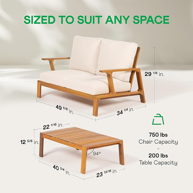 Idzo Jasper Solid Acacia Wood Loveseat Patio Set with Beige Cushions & Coffee Table – Modern Outdoor Furniture for Poolside, Garden, or Deck