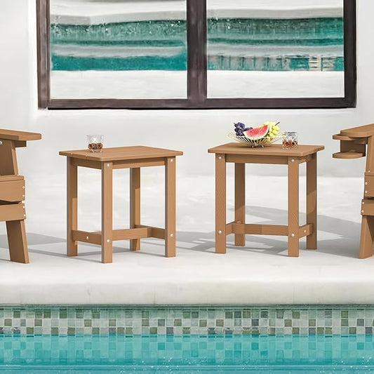 LUE BONA Outdoor Side Table Set of 2, HDPS Small Outdoor Adirondack Side Tables, Outside End Table for Patio, Porch, Deck, Pool, Weather Resistant/Easy Maintenance, Teak Color