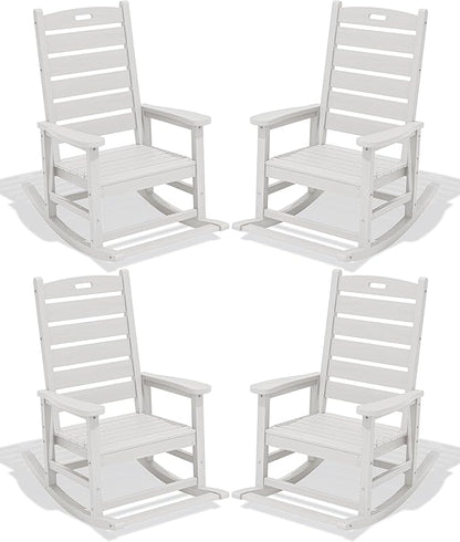 SERWALL Outdoor Rocking Chair Set of 4, Oversized HDPE Patio Rocking Chair with Footrest for Adults, All Weather Porch Rocker for Deck Patio Balcony, White