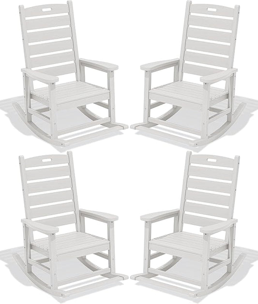 SERWALL Outdoor Rocking Chair Set of 4, Oversized HDPE Patio Rocking Chair with Footrest for Adults, All Weather Porch Rocker for Deck Patio Balcony, White
