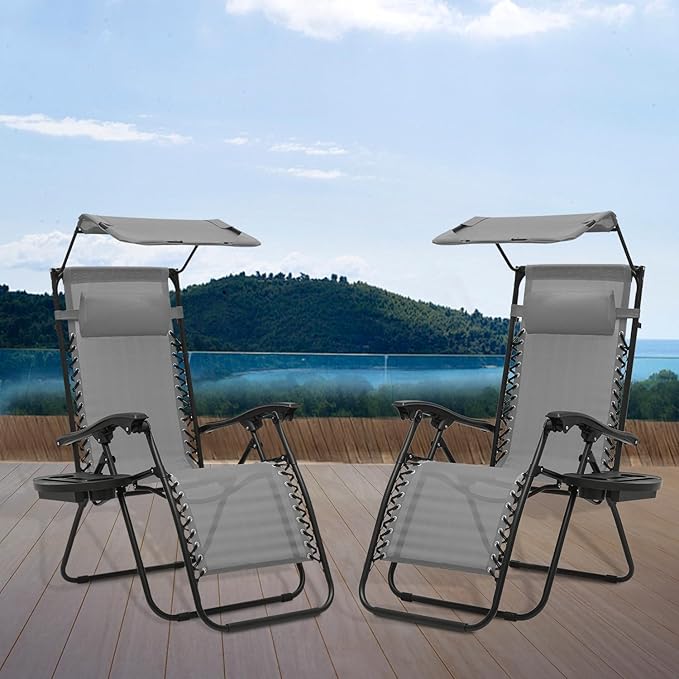 Athena Collection Patio Chairs Set of 2 Reclining Lounge Chair with Cup Holder and Pillow Fabric Camping Chairs with Canopy Foldable Beach Chairs for Garden, Park, Deck, Yard, Poolside, Grey