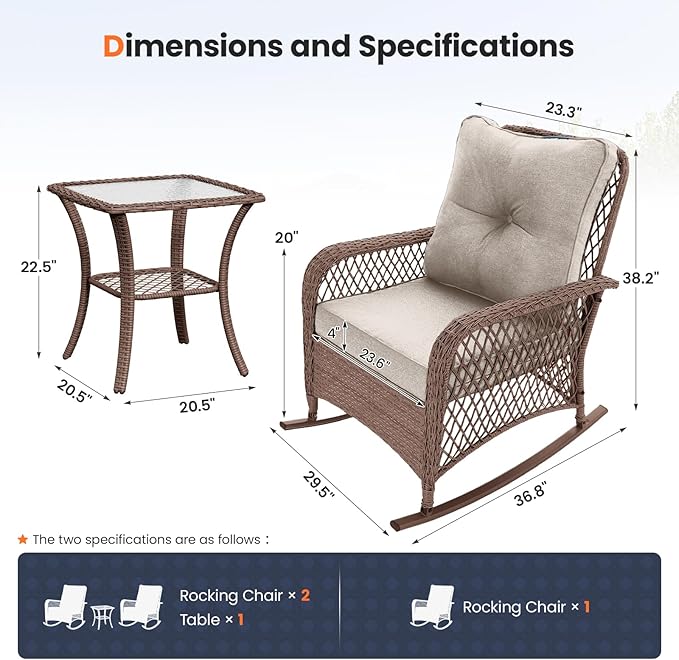 UDPATIO 3 Piece Patio Furniture Set, Wicker Rocking Bistro Set with 2 Rockers, 1 Side Table and 4‘’ Thick Cushions for Backyard, Porch, Balcony, Poolside, Brown/Beige