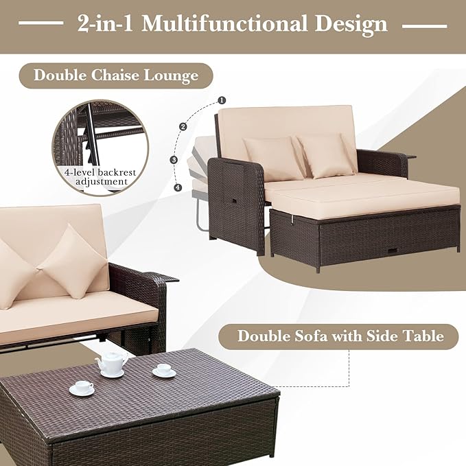COSTWAY Patio Rattan Daybed with Cushions, Outdoor Wicker Loveseat Sofa with Storage Ottoman - Photo 8