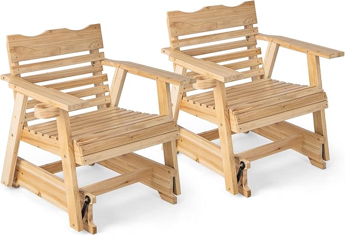 Tangkula Outdoor Fir Wood Glider Chair, Outdoor Swing Chair with Rotatable Hidden Cup Holder and Curved Seat - Photo 1