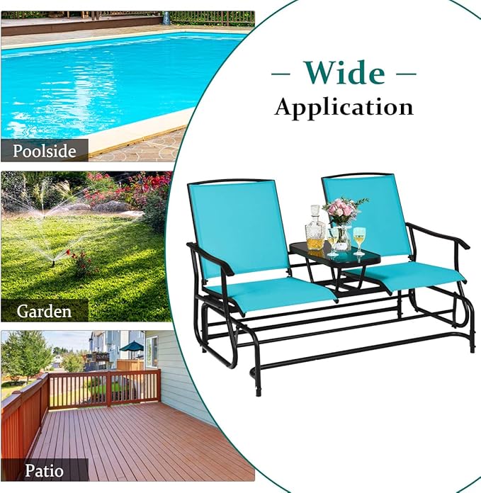 Giantex Patio Bench Glider Chair with Metal Frame, Center Tempered Glass Table - Photo 5