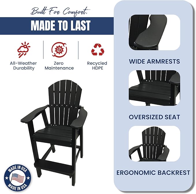 Phat Tommy Tall Adirondack Chair - HDPE Outdoor Furniture - Poly Adirondack Bar Stool - Heavy, Stress Free Furniture for Balcony, Deck, Patio, Front Porch, Black