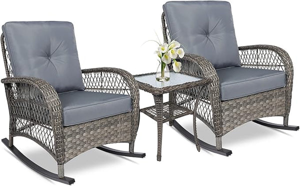 VIVIJASON 3-Piece Outdoor Conversation Bistro Set, Patio Wicker Rocking Chairs Rattan Furniture Sets w/ 2 Rattan Chairs - Photo 1