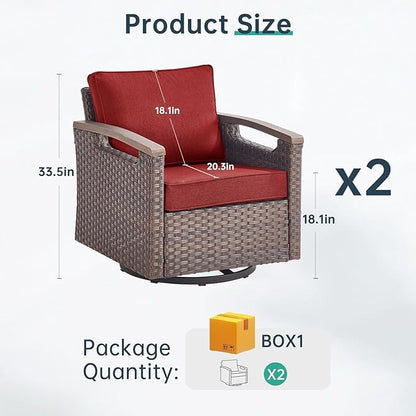 Luxury Outdoor Swivel Rocker Patio Chairs Set of 2 - Heavy Duty Metal Handrail All Weather Wicker Glider Chairs Set with Comfort Thick Cushion for Porch, Poolside and Deck - Red