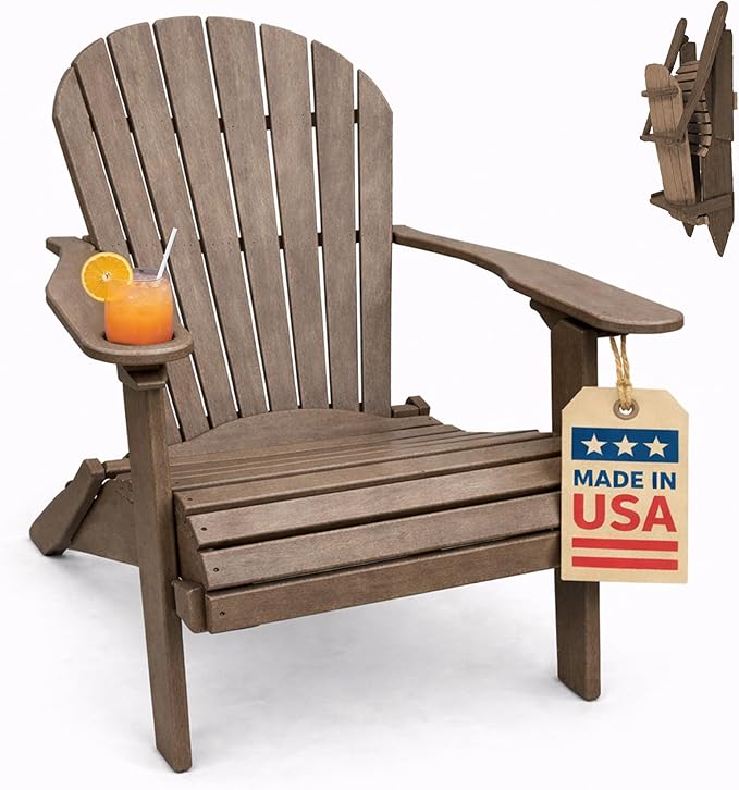 Ecommersify Folding Adirondack Chair with Cup Holder - (Weather Wood) - Heavy Duty Recycled Poly Lumber Folding Chair - Amish Crafted Outdoor Furniture - Made in USA