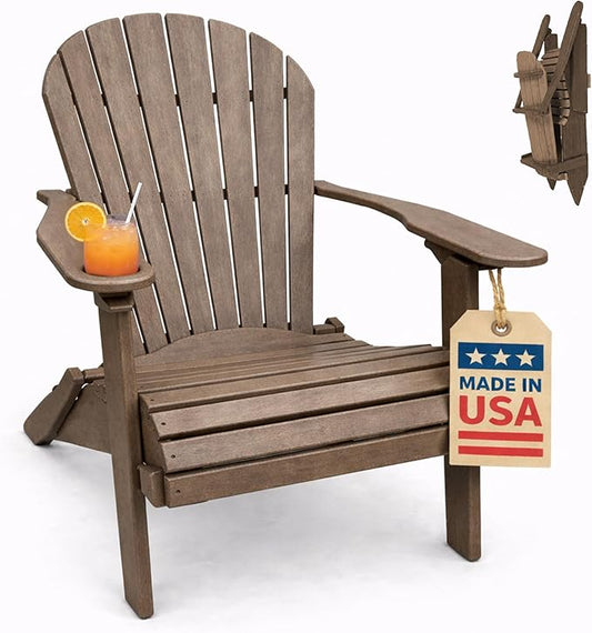Ecommersify Folding Adirondack Chair with Cup Holder - (Weather Wood) - Heavy Duty Recycled Poly Lumber Folding Chair - Amish Crafted Outdoor Furniture - Made in USA