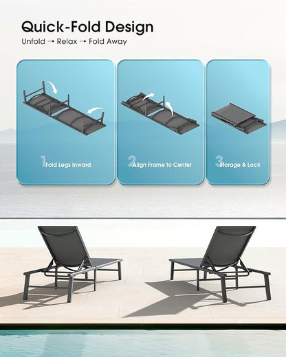 Ciokea Foldable Outdoor Lounge Chair Set of 4, No Assembly Aluminum Chaise Lounge Outdoor with 5-Positions, Aluminum Pool Lounge Chairs with Portable Design for Poolside, Beach, Deck, Patio, Grey