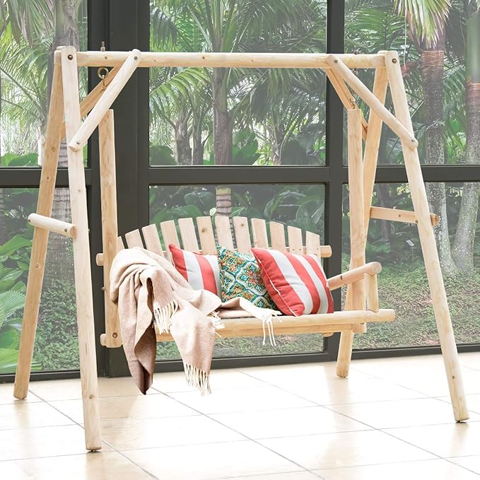 Tangkula A-Frame Wood Log Swing Bench, Outdoor Rustic Curved Back Swing Chair for Patio Garden Yard - Photo 5