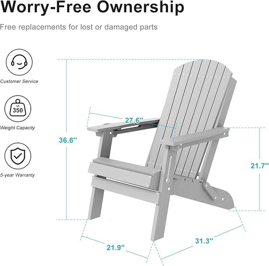 HDPE Foldable Adirondack Outdoor Chair Set of 2 with Cup Holder, Weather Resistant Heavy-Duty Patio Chair for Patio, Backyard, Deck, Fire Pit, Lawn and Porch, Silver Grey