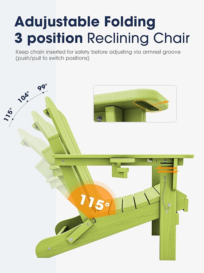 KINGYES Adjustable Folding Adirondack Chair, 3-Position Reclining Adirondack Chairs with Cup Holder - Photo 4