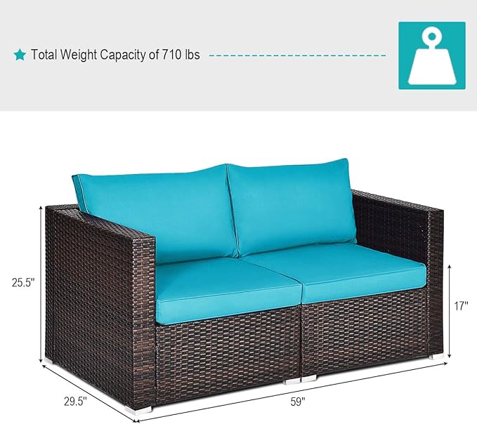 Tangkula 2 Seat Outdoor Wicker Loveseat Sofa Set, Modular PE Rattan 2 Pieces Outdoor Wicker Corner Sofa, Outside Furniture Set for Deck, Backyard, Porch, Garden & Poolside, Turquoise