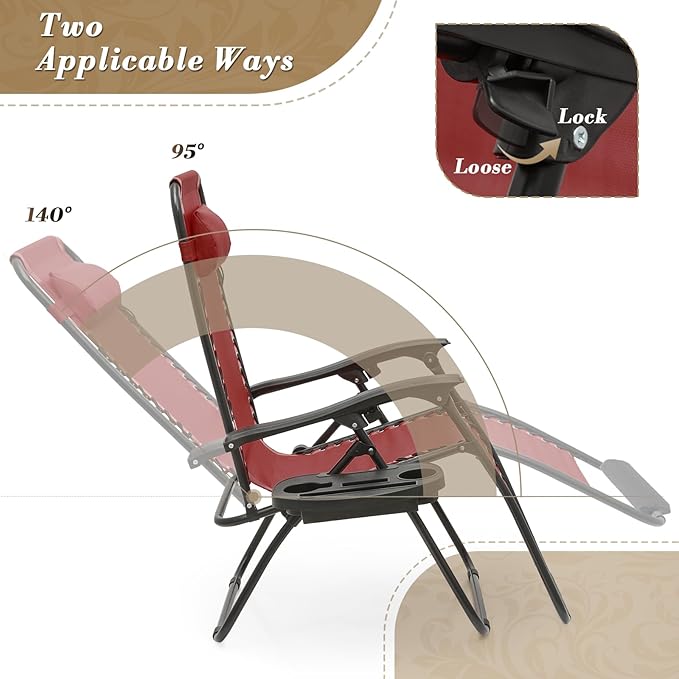 Athena Collection Zero Gravity Outdoor Lounge Chair Set of 2, 29" Width Pool Lounge Lawn Chairs Reclining with Cup Holder Foot Pad, Outdoor Chaise for Beach Patio Backyard Outside, Dark Red