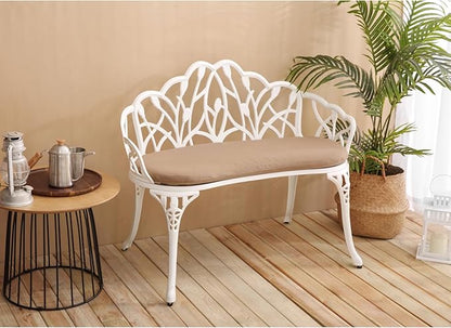 Patio Garden Bench Metal Cast Aluminum Outdoor Furniture with Floral Rose White Weather-Resistant Decor Porch & Yard