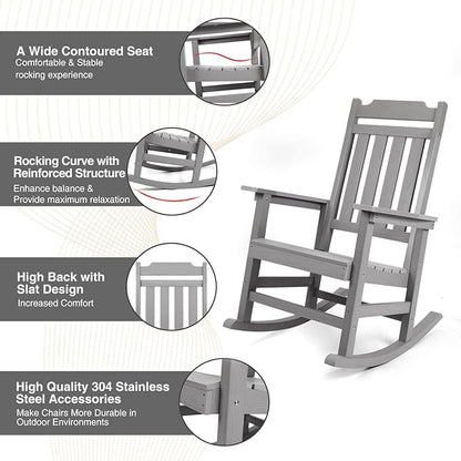 Rocking Chairs Set of 4, All Weather Resistant Poly Lumber Outdoor Porch Rocker, Rocking Chairs for Outdoor, Indoor, Patio, Deck, Garden, Backyard, Load Bearing 380 lbs - Grey
