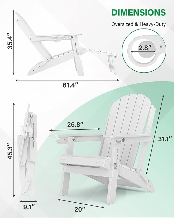 YEFU Adirondack Chair with Retractable Ottoman: Adjustable Folding Adirondack Chairs Set of 2 with Cup Holder - Fire Fit Chairs with Footrest - HDPE Plastic All Weather for Outdoor/Patio/Lawn(White)