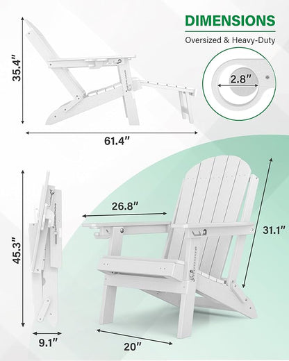 YEFU Adirondack Chair with Retractable Ottoman: Adjustable Folding Adirondack Chairs Set of 2 with Cup Holder - Fire Fit Chairs with Footrest - HDPE Plastic All Weather for Outdoor/Patio/Lawn(White)