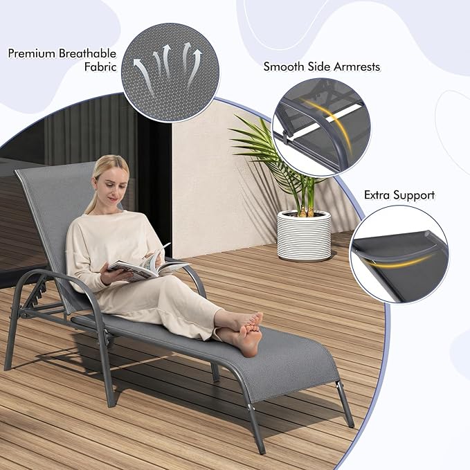 Tangkula Lounge Chair Outdoor, Patio Chaise Lounge with Adjustable Backrest, Reclining Pool Lounge Chair for Outside with Heavy Duty Steel Frame, Suitable for Beach, Yard, Balcony, Poolside