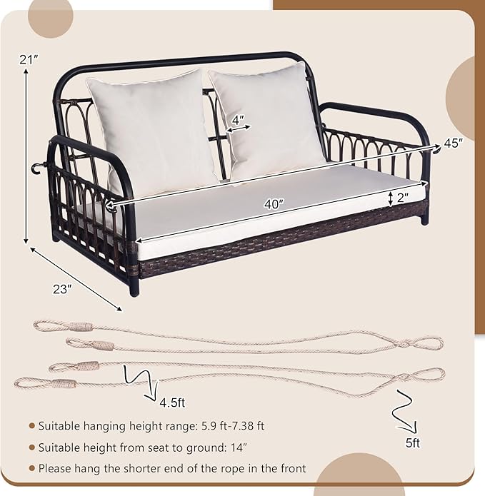 DORTALA 2-Person Porch Swing Outdoor, Patio Wicker Hanging Swing Bench with Cushions, Metal Frame, Ropes - Photo 6