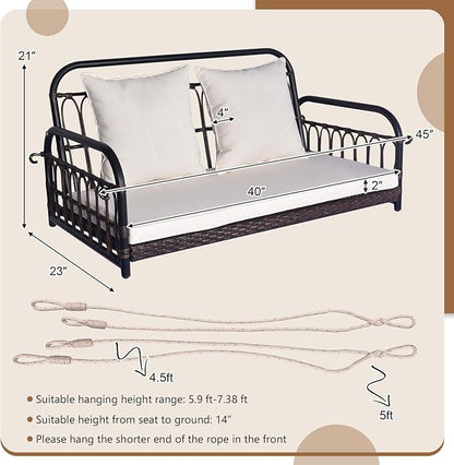 DORTALA 2-Person Porch Swing Outdoor, Patio Wicker Hanging Swing Bench with Cushions, Metal Frame, Ropes, 880 LBS Capacity, Rattan Swing Loveseat for Garden Poolside Backyard, Mix Brown+Off White