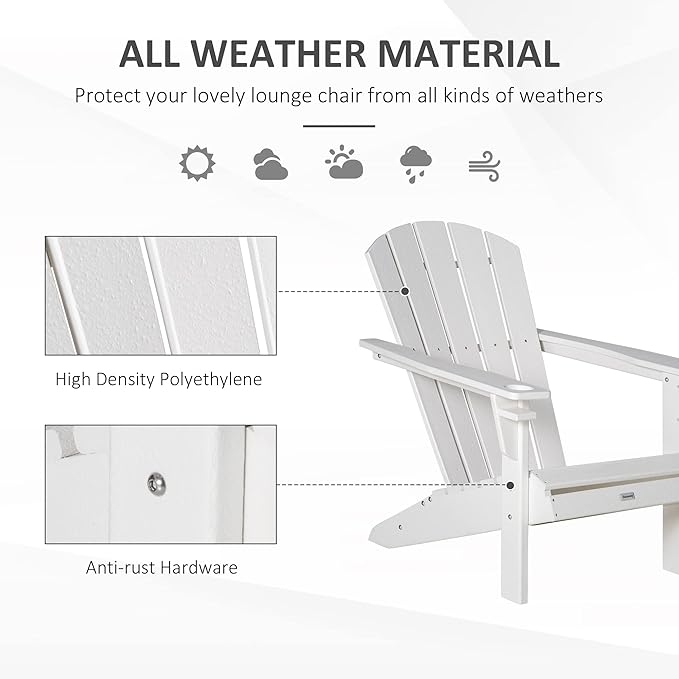 Outsunny Adirondack Chair with Cup Holder, All Weather Patio Chair HDPE Lounger, Fire Pit Seating High Back and Wide Seat for Outdoor, Backyard, Garden, Deck, Lawn, White